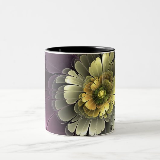 Abstrakt Modern Purpur Khaki Gray Fraktal Blume Zweifarbige Tasse (Mittel)