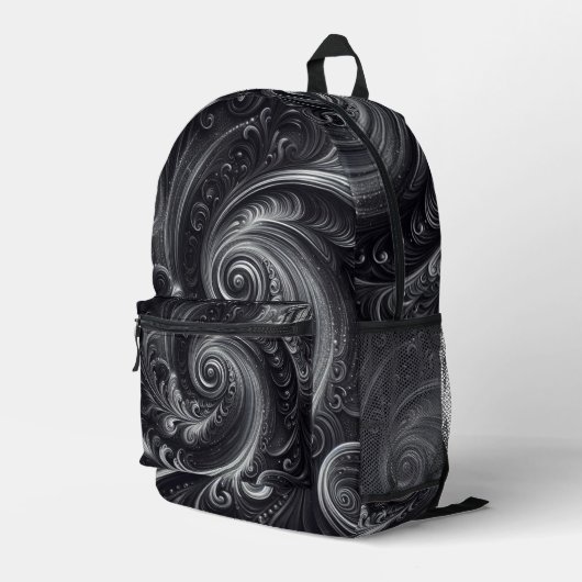 Abstrakt-modern, schlicht, schwarz und weiß bedruckter rucksack (Rückseitige Ecke Rechts)