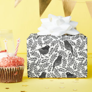 Abstrakt Moderne Niedliche Schwarze Vögel und Blät Geschenkpapier