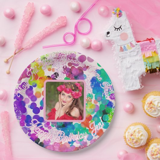 Abstrakt Multicolor Happy Birthday Bokeh Foto Pappteller (Party)