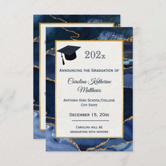 Abstrakt Navy Blue Agate Watercolor Abschluss Ankündigung (Vorne/Hinten)