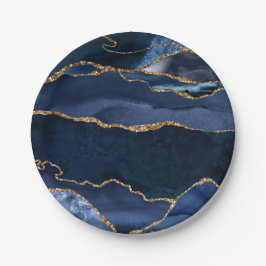 Abstrakt Navy Blue Agate Watercolor Pappteller
