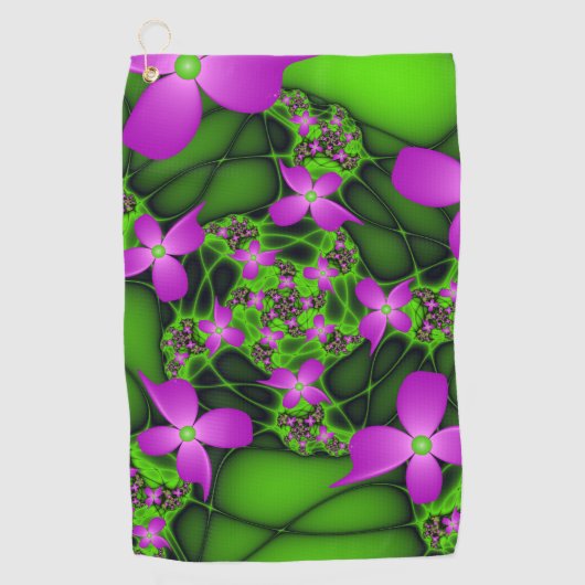 Abstrakt Neon Pink Green Fraktal Art Blume Golfhandtuch (Vorderseite)