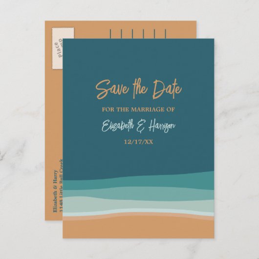 Abstrakt Ocean Beach Hochzeit Save the Date Ankündigungspostkarte (Vorne/Hinten)