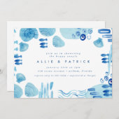Abstrakt Ocean Blue Seashell Paare Brautparty Einladung (Vorne/Hinten)