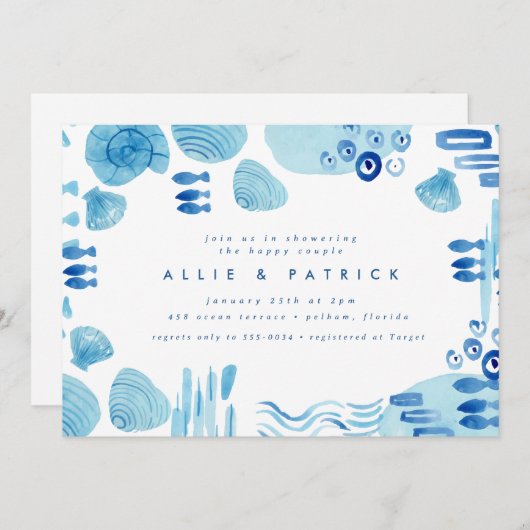 Abstrakt Ocean Blue Seashell Paare Brautparty Einladung (Vorne/Hinten)