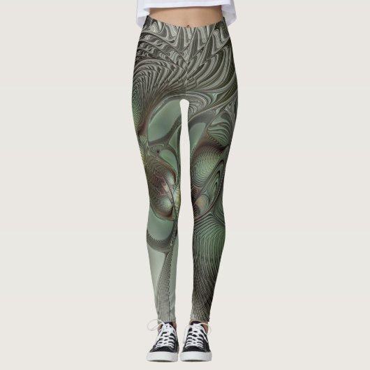 Abstrakt Olive Green Gray Fraktal Kunstwerke der E Leggings (Vorderseite)
