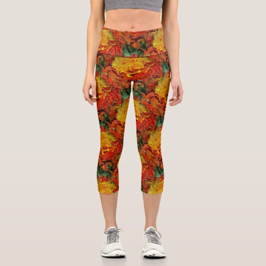 Abstrakt-Orangengelbes Grünes Muster Capri Leggings (Vorderseite)