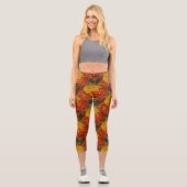 Abstrakt-Orangengelbes Grünes Muster Capri Leggings (Vorderseite)