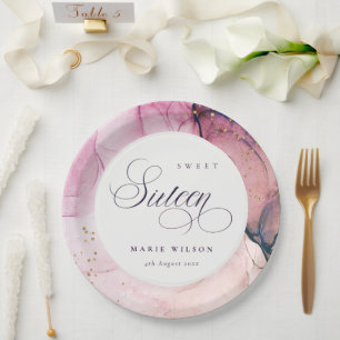 Abstrakt Pastel Pink Lila Navy Sweet 16 Geburtstag Pappteller