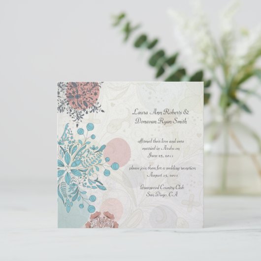 Abstrakt Pink Blue Grey Floral Post Wedding Einladung (Stehend Vorderseite)