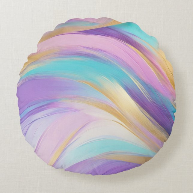 Abstrakt Pink Lilac Turquoise Gold Rundes Kissen (Vorderseite)