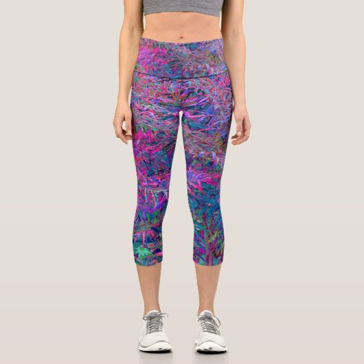 Abstrakt Psychedelic Rainbow Colors Foliage Garden Capri Leggings (Vorderseite)