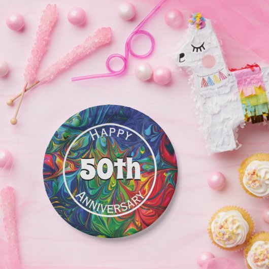 Abstrakt Retro Psychedelic Happy 50. Custom Pappteller (Party)