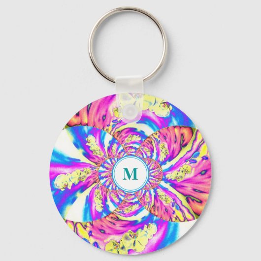Abstrakt-rosa-blaues Retro-Blumenmandala-Monogramm Schlüsselanhänger (Vorderseite)