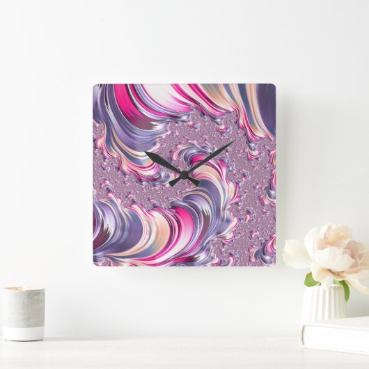Abstrakt rosa Lila Fraktal Quadratische Wanduhr (Zuhause)