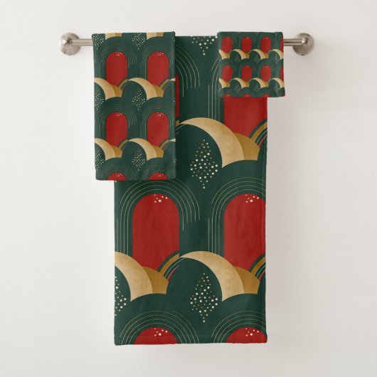 Abstrakt Rot, Grün und Gold Badhandtuch Set (Insitu)