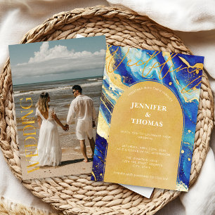 Abstrakt Royal Navy Blau Gold Foto Bogen Hochzeit Einladung