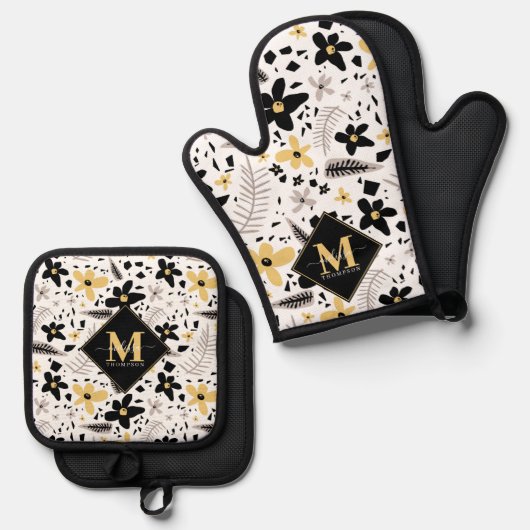 Abstrakt Schwarz-Gelb-Grau Nahtloses Muster Ofenhandschuh & Topflappen-Set (Vorderseite/Rückseite)
