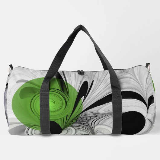 Abstrakt Schwarz und Weiß mit einem grünen Fraktal Duffle Bag (Rückseite)