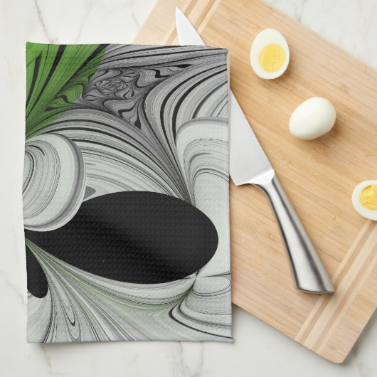 Abstrakt Schwarz und Weiß mit einem grünen Fraktal Geschirrtuch (Viertel Falte)