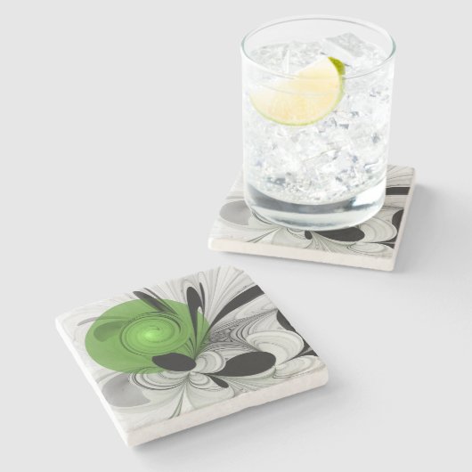 Abstrakt Schwarz und Weiß mit einem grünen Fraktal Steinuntersetzer (Seitenansicht)