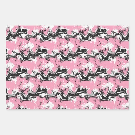 Abstrakt Schwarz-Weiß-Tinte Swirbel auf Weich-Rosa Geschenkpapier Set (Vorderseite 3)