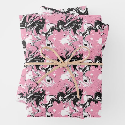 Abstrakt Schwarz-Weiß-Tinte Swirbel auf Weich-Rosa Geschenkpapier Set (Beispiel)