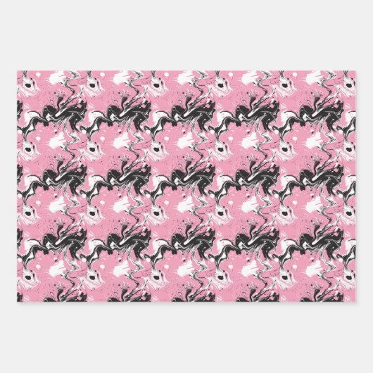 Abstrakt Schwarz-Weiß-Tinte Swirbel auf Weich-Rosa Geschenkpapier Set (Vorderseite)