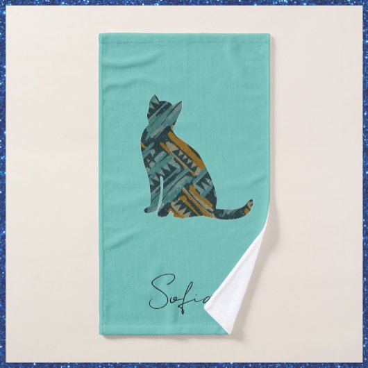 Abstrakt Türkis Blue & Gold Cat Badhandtuch Set