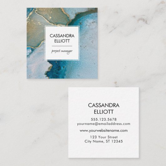 Abstrakt Türkis & Gold Alkohol Tinte Flüssigkeiten Quadratische Visitenkarte (Vorne/Hinten)