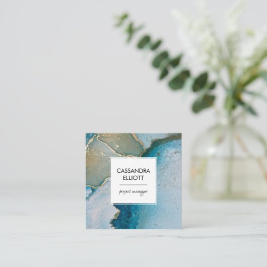 Abstrakt Türkis & Gold Alkohol Tinte Flüssigkeiten Quadratische Visitenkarte (Stehend Vorderseite)