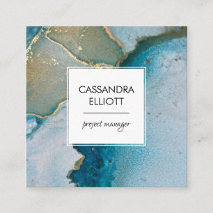 Abstrakt Türkis & Gold Alkohol Tinte Flüssigkeiten Quadratische Visitenkarte