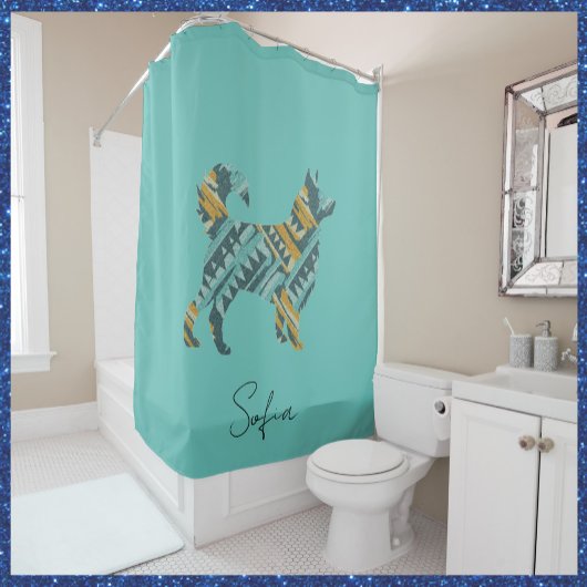 Abstrakt Türkis und Goldhund Duschvorhang