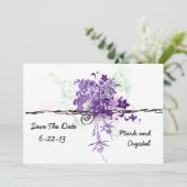 Abstrakt-violette Blumen Bouquet Save the Date (Stehend Vorderseite)