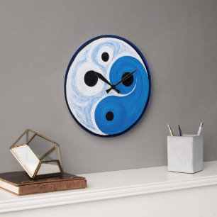 Abstrakt Yin Yang: Modernist Blue & White Große Wanduhr