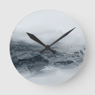 Abstrakte 3D-Impasto-Schwarz-Grau-Bergwelle Acryl Runde Wanduhr