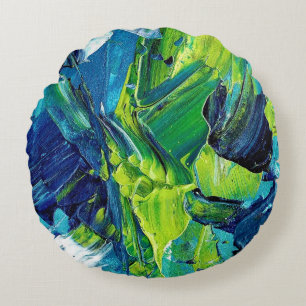 Abstrakte Acrylfarbe in Blau Rundes Kissen