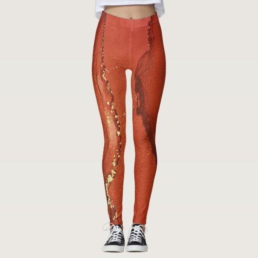 Abstrakte Alkohol Tinte Art Bright Red and Gold Leggings (Vorderseite)