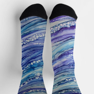 Abstrakte Alkohol-Tinte Flüssigkunst Blau Lila Socken