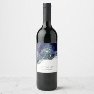 Abstrakte Alkohol-Tinte Silber Marineblau Glitter Weinetikett