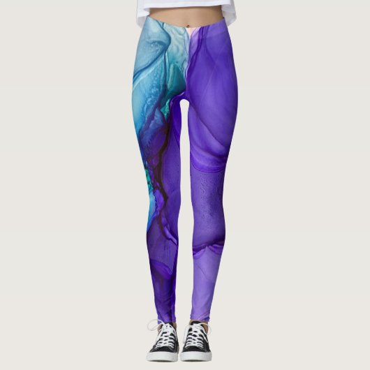 Abstrakte Alkoholtinte Kunst, Aquamarin und Lila Leggings (Vorderseite)