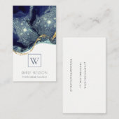Abstrakte Alkoholtinte Silver Navy Glitzer Monogra Visitenkarte (Vorne/Hinten)