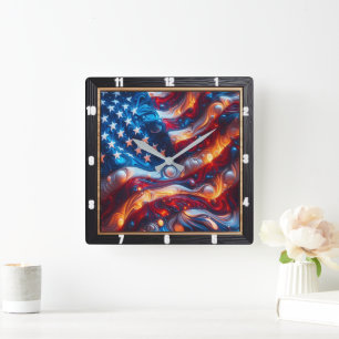 Abstrakte amerikanische Flagge Quadratische Wanduhr