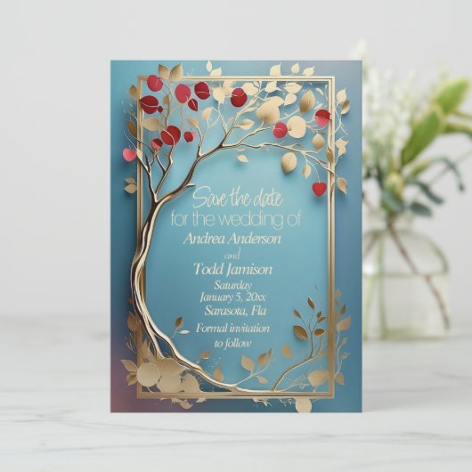 Abstrakte Apfelbaumhochzeit Save The Date (Stehend Vorderseite)