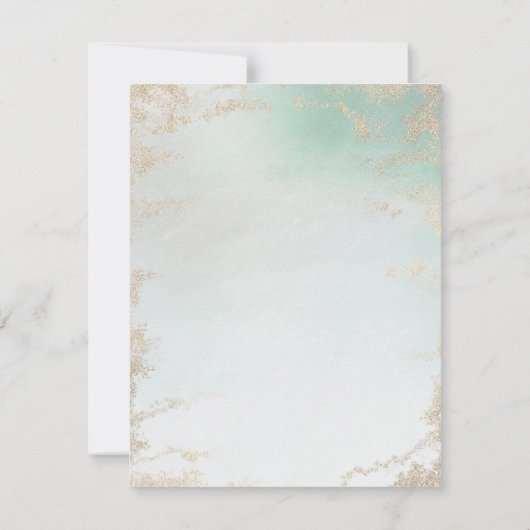 Abstrakte Aqua Ombre Fade mit Mattiertem Gold Glit Einladung (Rückseite)