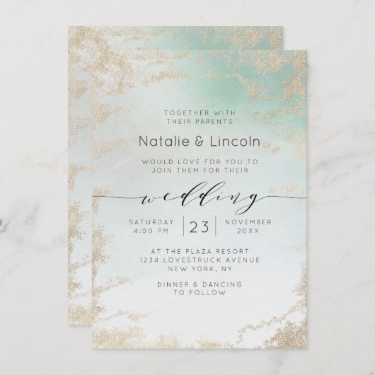 Abstrakte Aqua Ombre Fade mit Mattiertem Gold Glit Einladung (Vorne/Hinten)