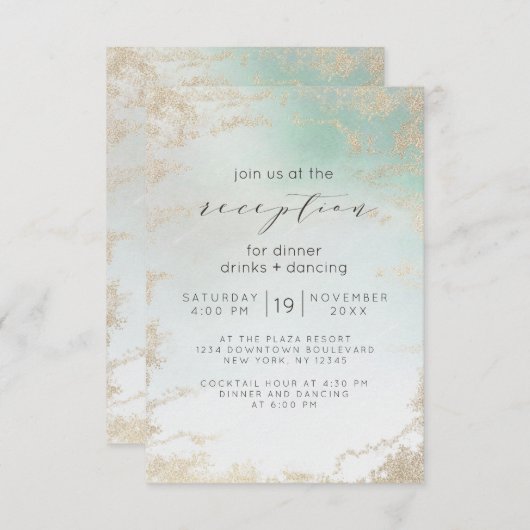 Abstrakte Aqua Ombre Fade mit Mattiertem Gold Glit Einladung (Vorne/Hinten)