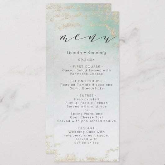 Abstrakte Aqua Ombre Fade mit Mattiertem Gold Glit Menükarte (Vorne/Hinten)