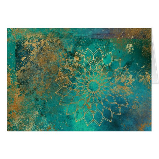 Abstrakte Aquamarine Gold Grunge Mandala Grußkarte (Vorderseite (Horizontal))